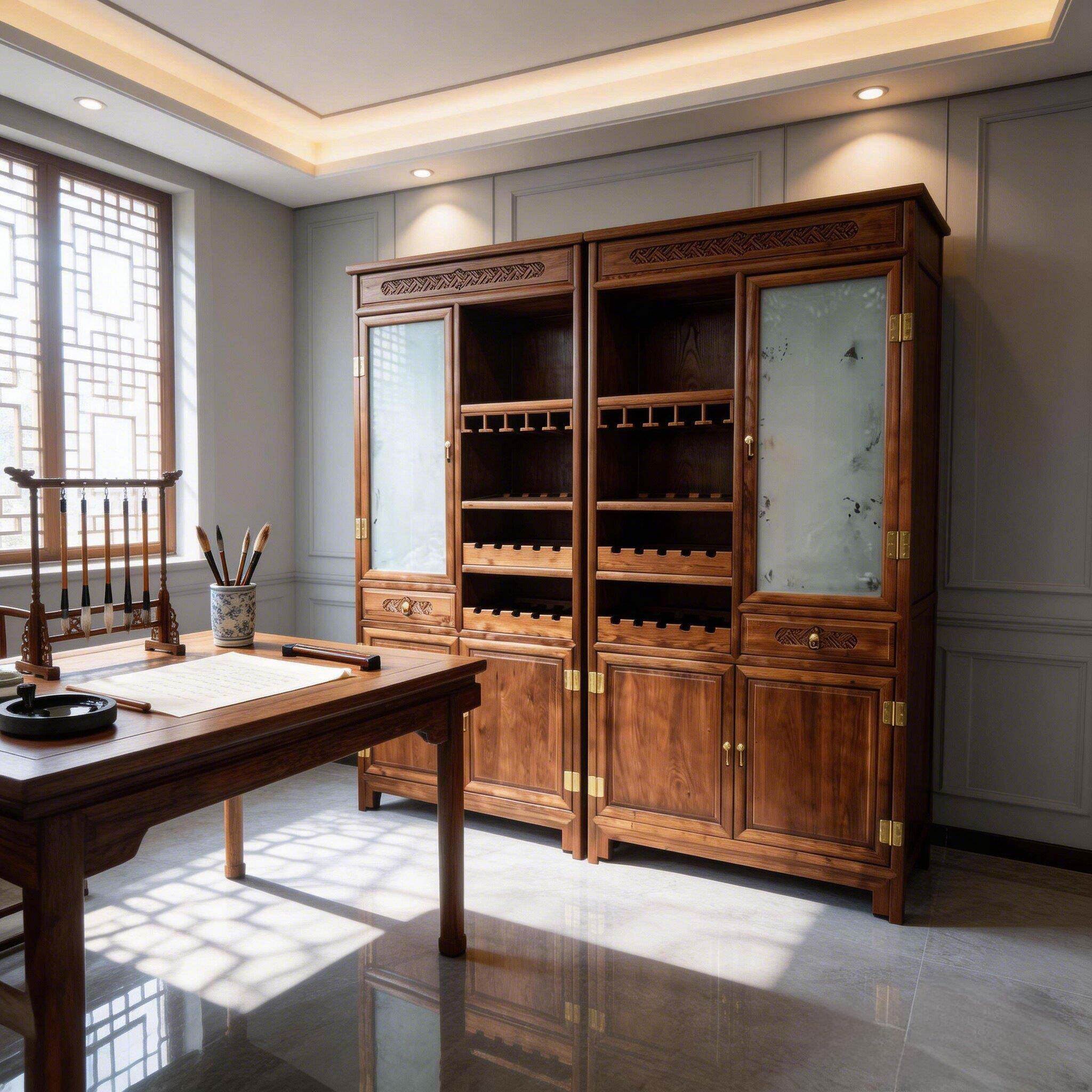 艺轩坊新中式老榆木实木酒柜玻璃展示柜酒柜白酒储藏柜红酒储藏架