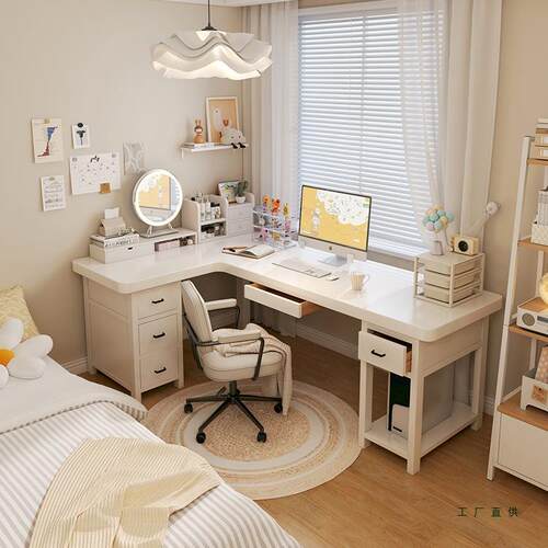实木转角书桌白色奶油风电脑桌子l型7拐角女孩卧室书房双人长条桌