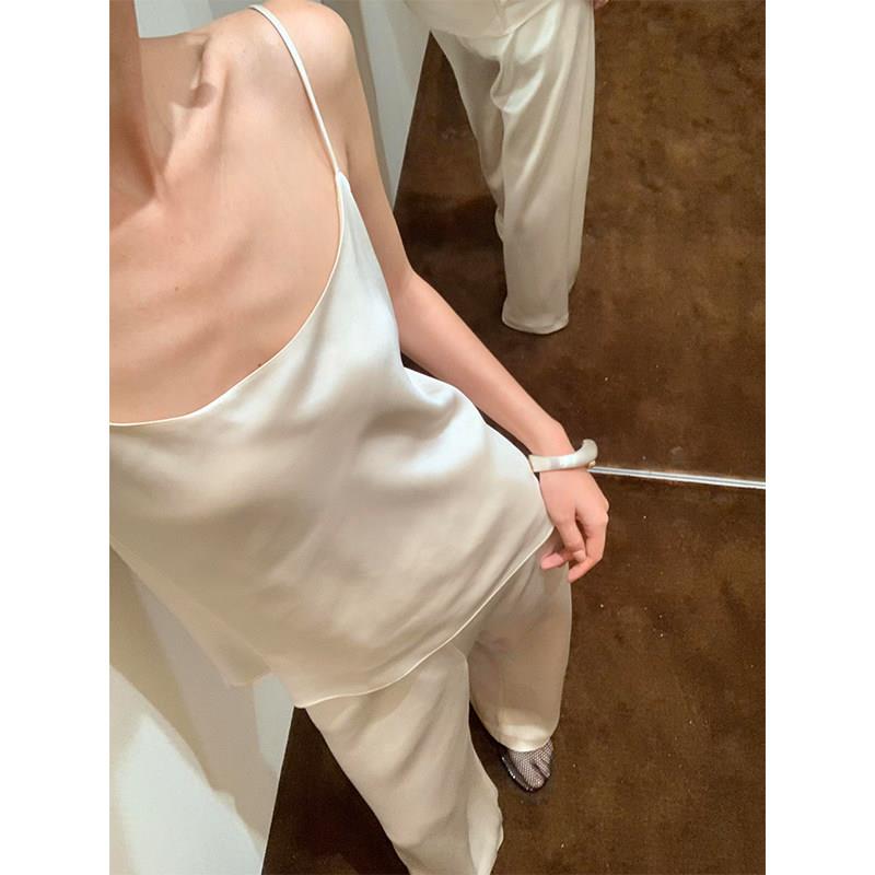老钱风冰丝吊带睡衣女夏季新款月光缎面背心长裤家居服套装可外穿