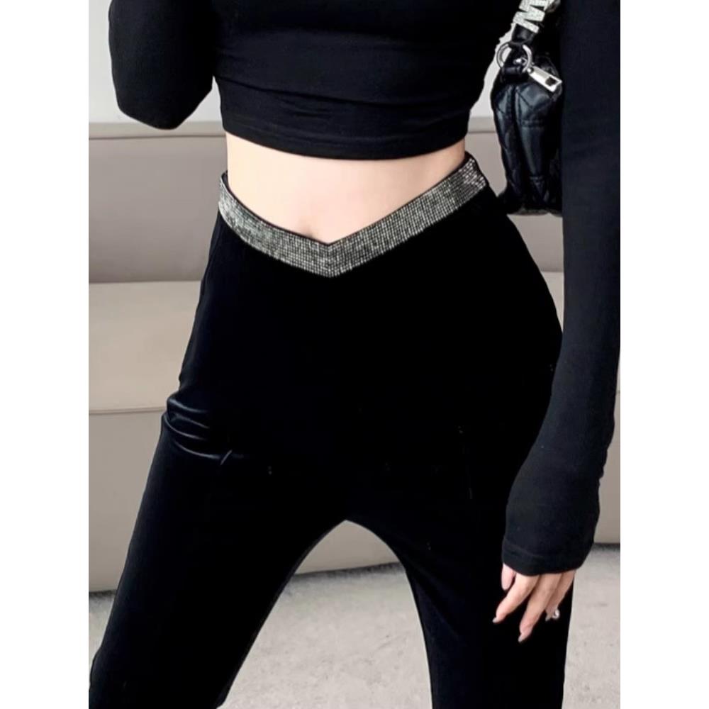 金丝绒微喇裤女春秋季2025新款高腰修身显瘦垂感开叉休闲喇叭裤子