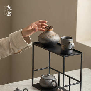 春陶罐粗陶鎏金铁锈釉窑变醒茶器普洱罐陶瓷密封罐小茶仓送礼