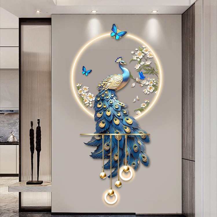 孔雀玄关装饰画高级感立体LED壁灯新中式入户走廊过道挂画图片