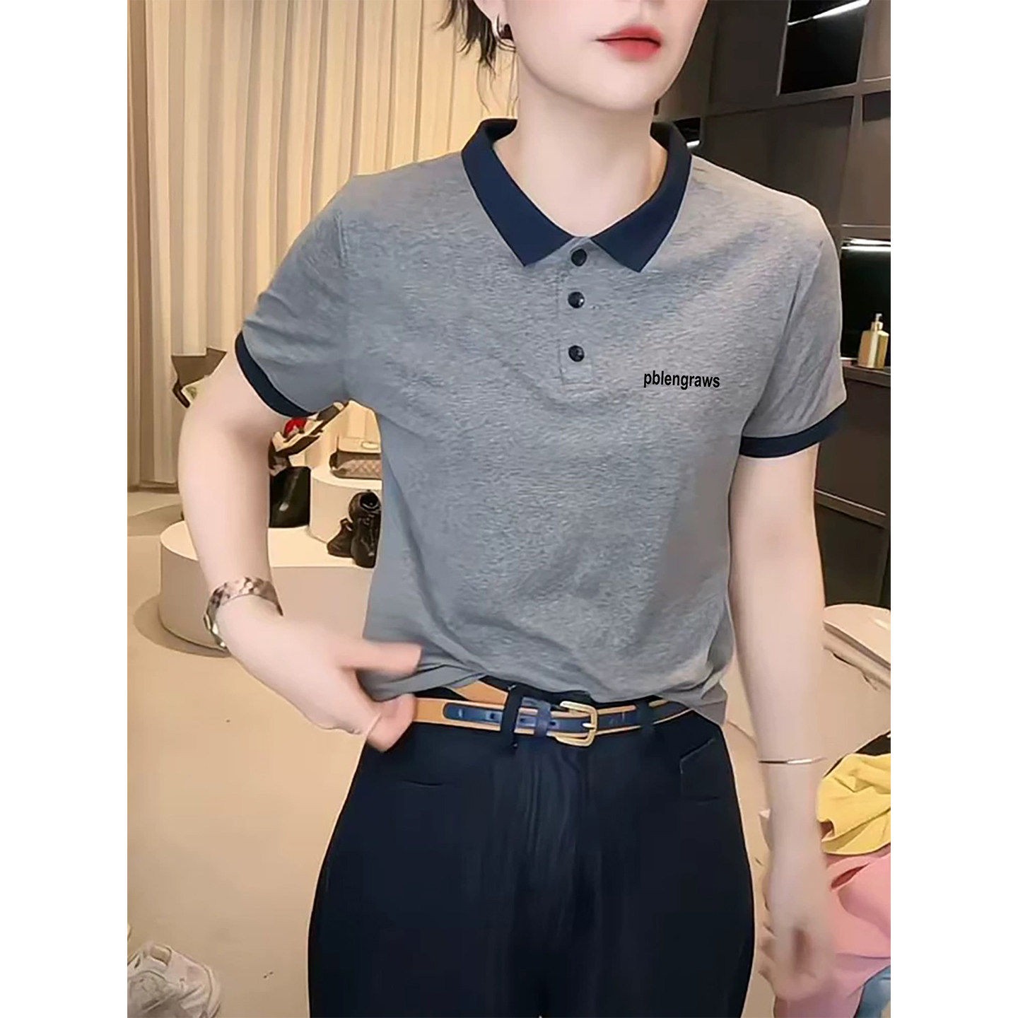 韩国撞色方领纯棉短袖t恤女2026新款时尚百搭深灰色上衣T恤夏季