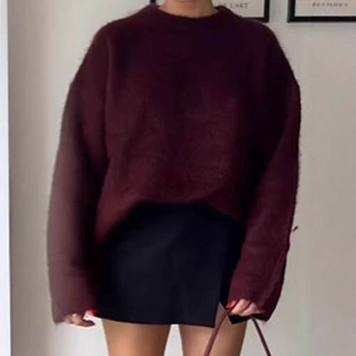 Round neck long sleeved knitted sweater top, women's
