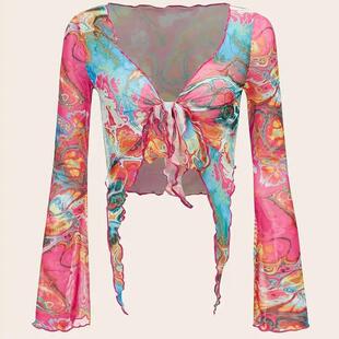 Women's exotic abstract color blocked flowing trumpet