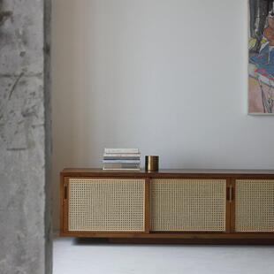 弄舍藤编视听柜北欧实木复古樱桃黑胡桃木柜子中古缅甸柚木电视柜