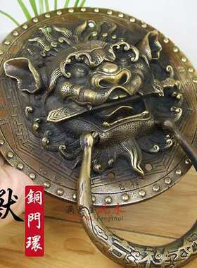 中式复古黄铜睚眦咬剑门环大门拉手狮子头虎头麒麟兽头老式门装饰