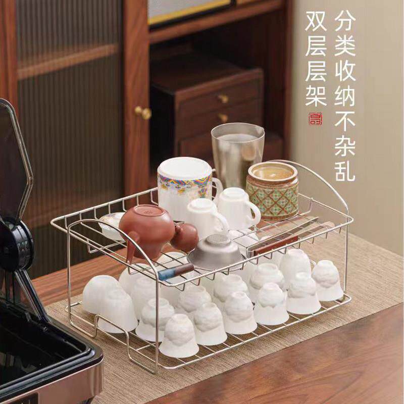 奶茶店咖啡杯架304不锈钢茶杯子沥水收纳双层玻璃啤酒晾杯架家用