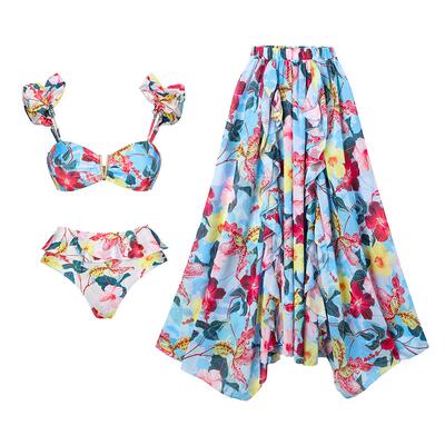 Split conservative swimsuit print V mesh wrapped skirt set