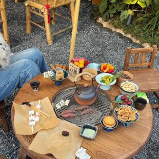 老榆木高档围炉煮茶冰茶全套实木茶桌组合圆形煮茶火锅桌阳台家用