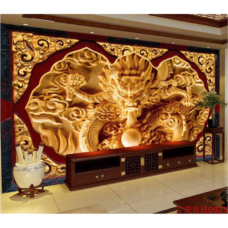 酒店客厅电视背景墙壁纸大型壁画3D立体无缝金色龙木雕无纺布墙布