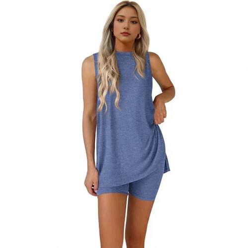 Women's Sleeveless Crewneck Lounge Shorts Set Casual Resort