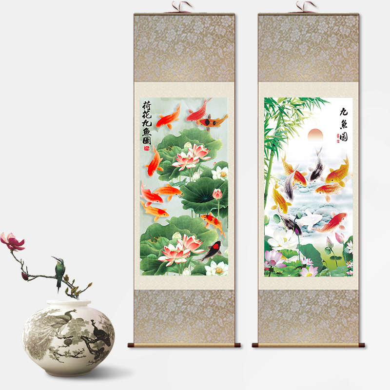 现代中式荷花九鱼图风水招财挂画玄关装饰画客厅装饰画聚财卷轴画图片