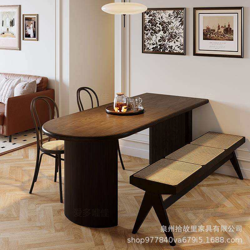 美式复古实木餐桌椅家用餐厅半圆弧形饭桌黑色中古餐桌铁艺岛台桌