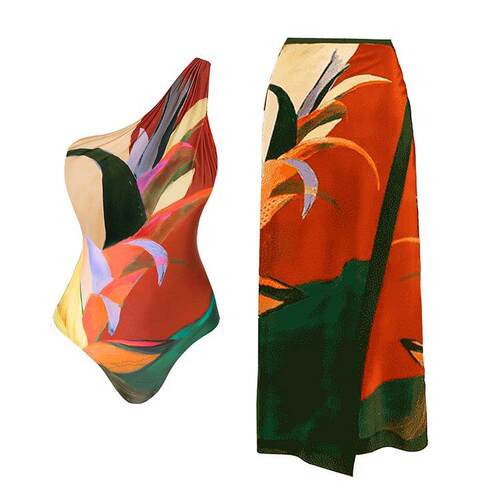 Slant shoulder printed one-piece swimsuit and women's wrap