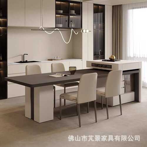 意式轻奢餐桌岛台一体家用高级感厨房餐厅岩板中岛台餐桌椅组合
