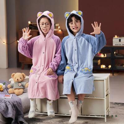 儿童浴袍男童吸季水带帽帽女童连睡袍中可大童冬F969HHTT加厚穿式