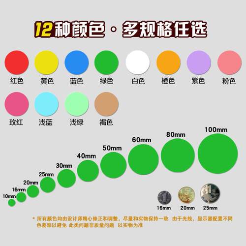 鸿诺彩色圆点标签条码打印纸卷装铜板纸圆形空白分类标记贴口取纸