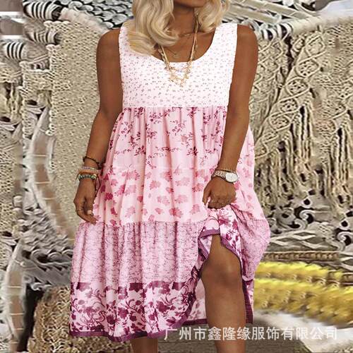 Women's patchwork printed long skirt dress, plus size