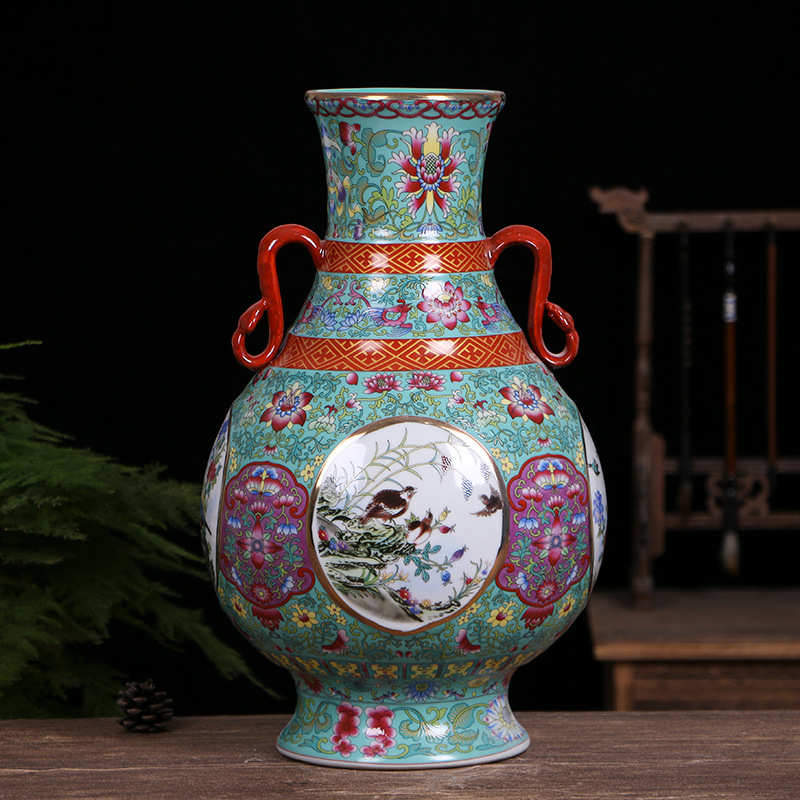 工艺品花鸟开窗福花瓶装饰品筒珐琅陶瓷中式彩仿古摆件瓷器景德镇