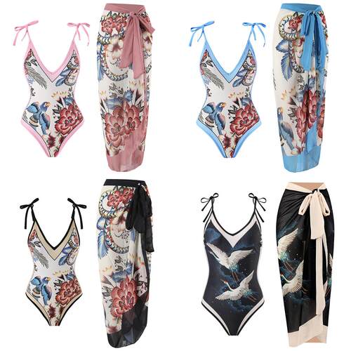 Printed swimsuit one-piece bird floral long skirt bikini