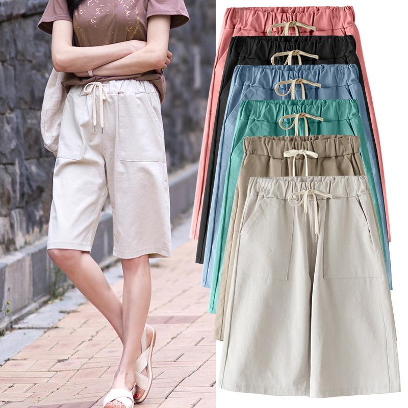 summer shorts women casual drawstring elastic knee length