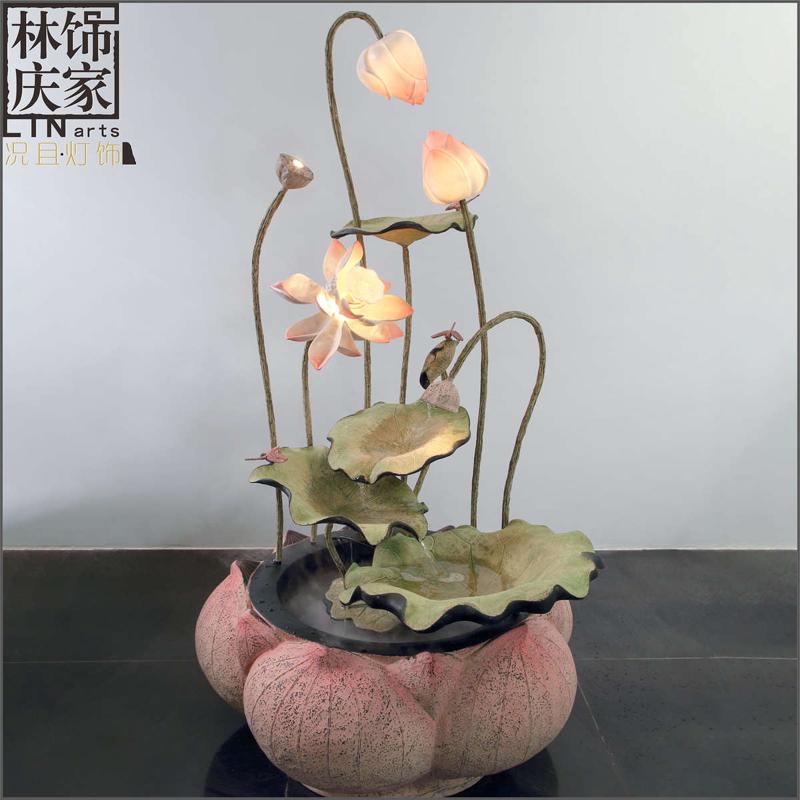 新中式荷花喷泉流水摆件落地灯客厅会所创意室内假山独特水景摆设