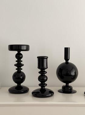 覆古黑色玻璃烛台玄关电视柜客厅装饰摆件高级感小众轻奢家居饰品