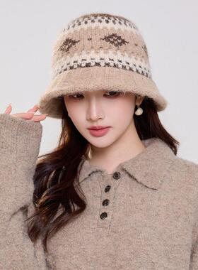 女士时尚帽子女圆脸大脸显瘦费尔岛风甜美毛线帽韩系大头围秋冬保