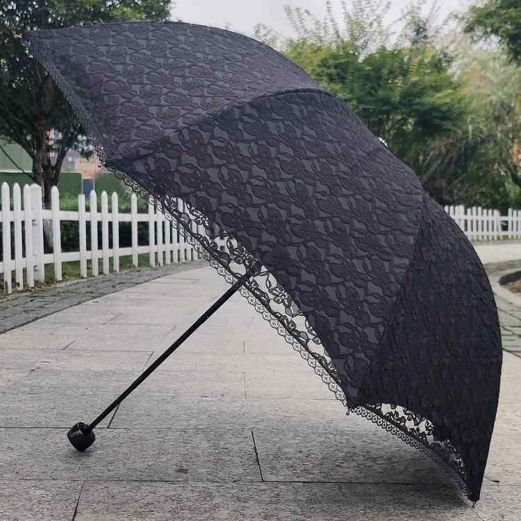 高档太阳色伞防晒透防紫外线纯叠白蕾丝花边黑胶零光三折晴雨伞女