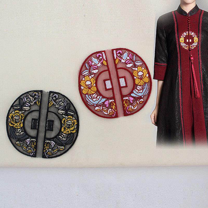 中国风对开小圆形刺绣布贴中式图案绣片衣服旗袍裙子装饰补丁辅料