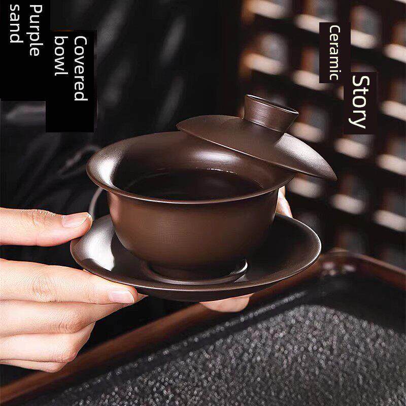 景德镇紫砂三才盖碗茶具茶碗带盖个人专用陶瓷泡茶杯茶具套装