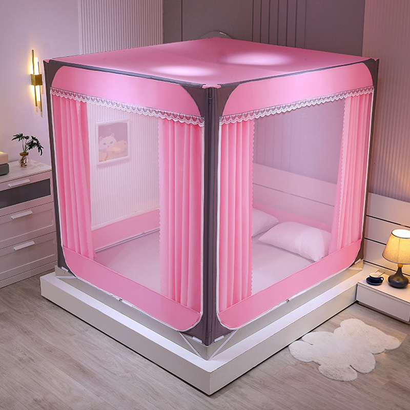 2023年新款全纯色坐床遮光床帘式蚊帐拉链三开门双层方顶卧室防