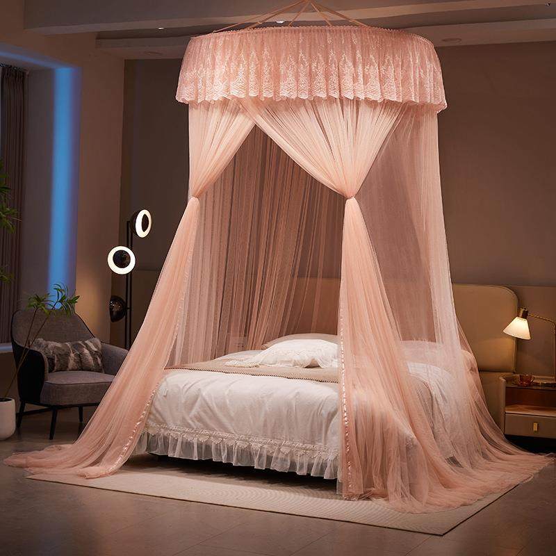 高端蕾丝吊挂式圆圆帐顶蚊帐免安吊顶装蚊帐三开门式家用蚊帐加密