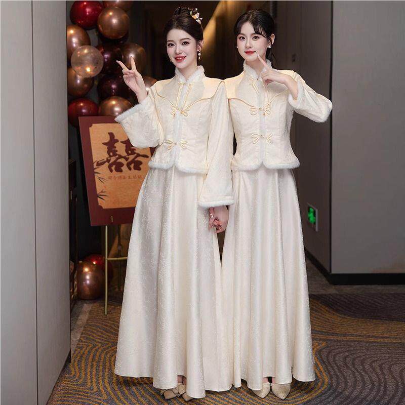 式伴娘服香槟色2中24新款秋冬妹团小众DMB0高姐级感礼服裙女平时