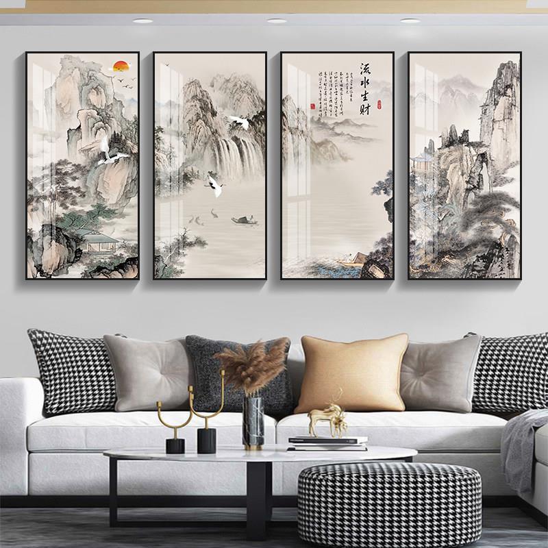 新中式装饰画四联挂画客厅沙发背景墙山水壁画中国风茶室墙面大气