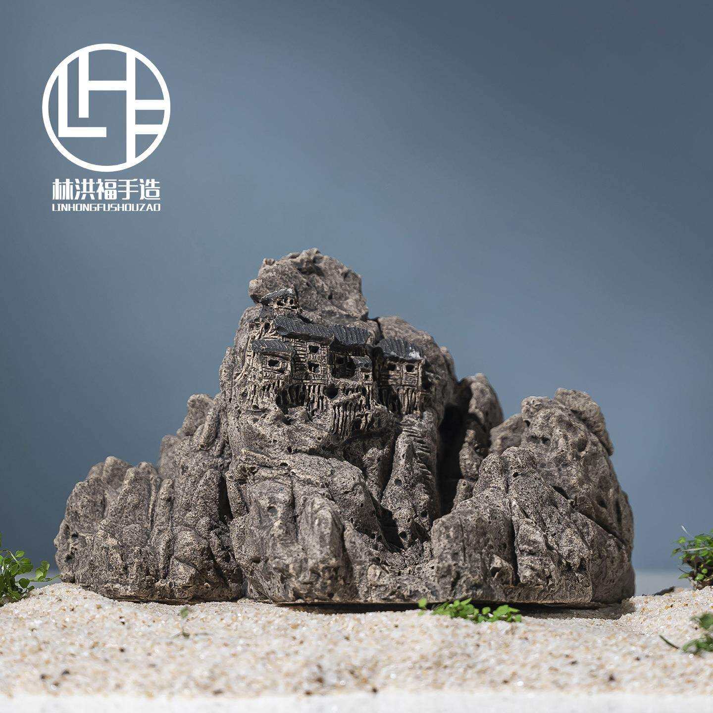 创意实心陶瓷摆件鱼缸造景假山吸水石水陆鱼缸造景山中小屋微景观