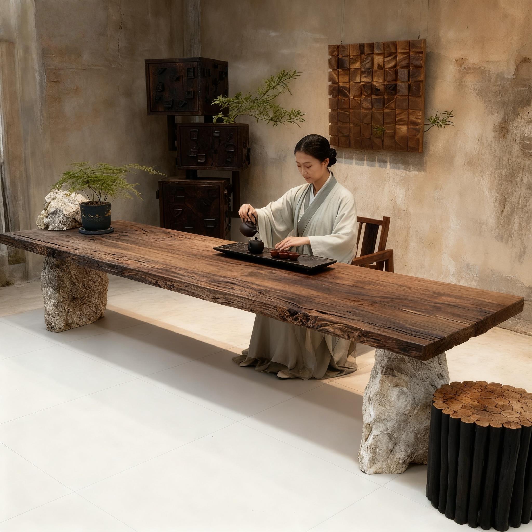 侘寂风原木大板茶桌茶台风化实木老木民宿餐桌设计师天然石头庭院