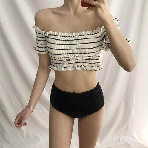 Printed high waisted bikini white single shoulder swimsuit