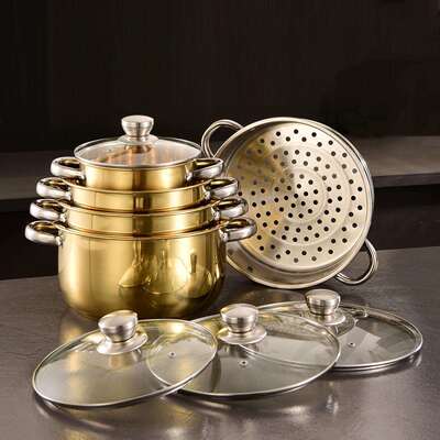 粤帝斯直供 不锈钢28-36cm双耳汤锅套装家用汤蒸锅11PCS锅具套装