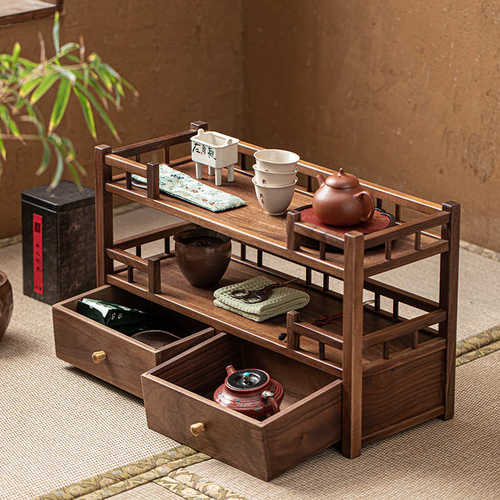茶具收纳架北美胡桃木双层博古架中式实木茶壶紫砂茶杯沥水置物架