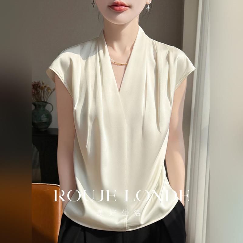 ROUJE LONDE轻熟高级V领无袖缎面衬衫女t恤夏季衬衣百搭显瘦上衣