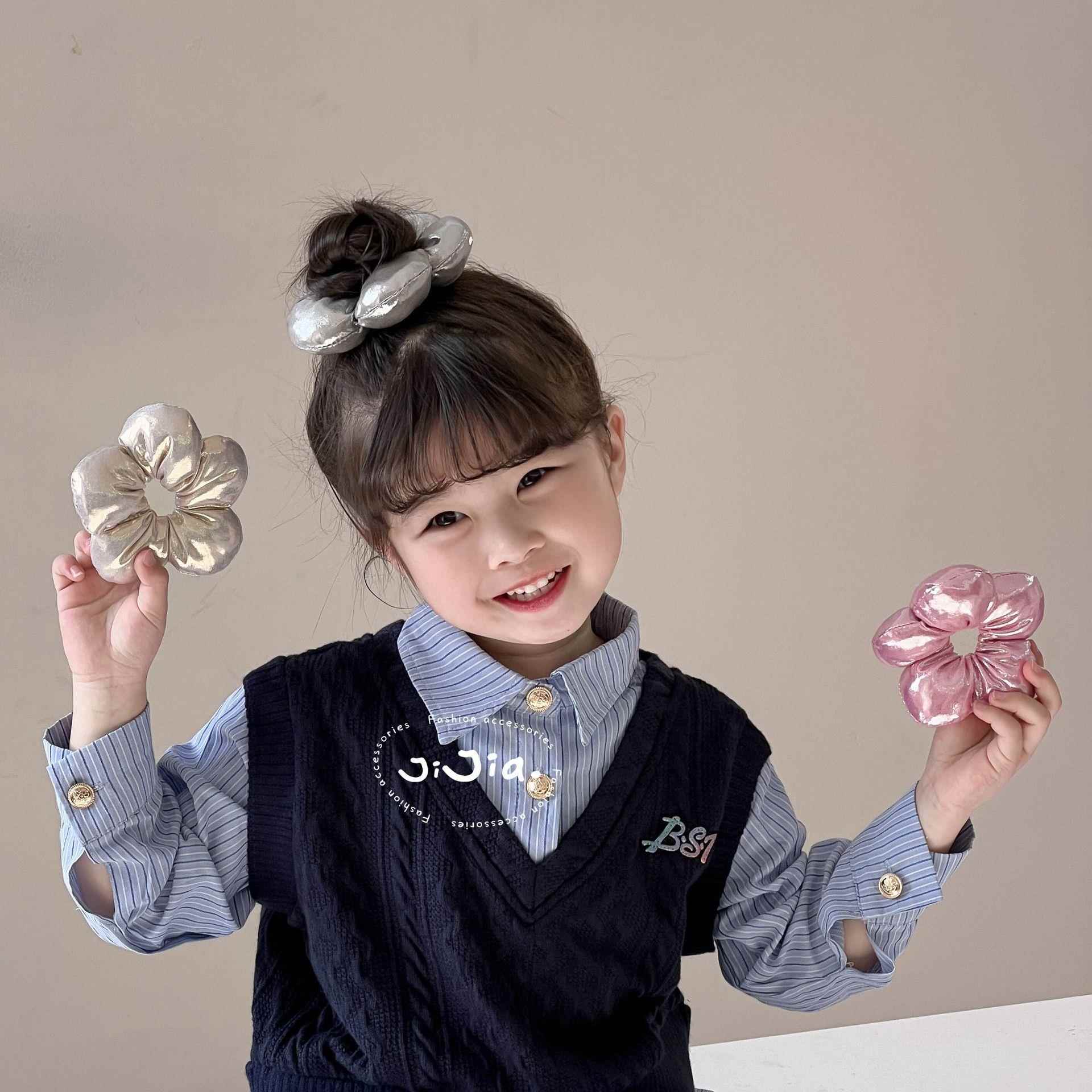 浪漫春天立体充棉花朵肠圈甜美儿童丸子头发绳银色高级感发圈头饰