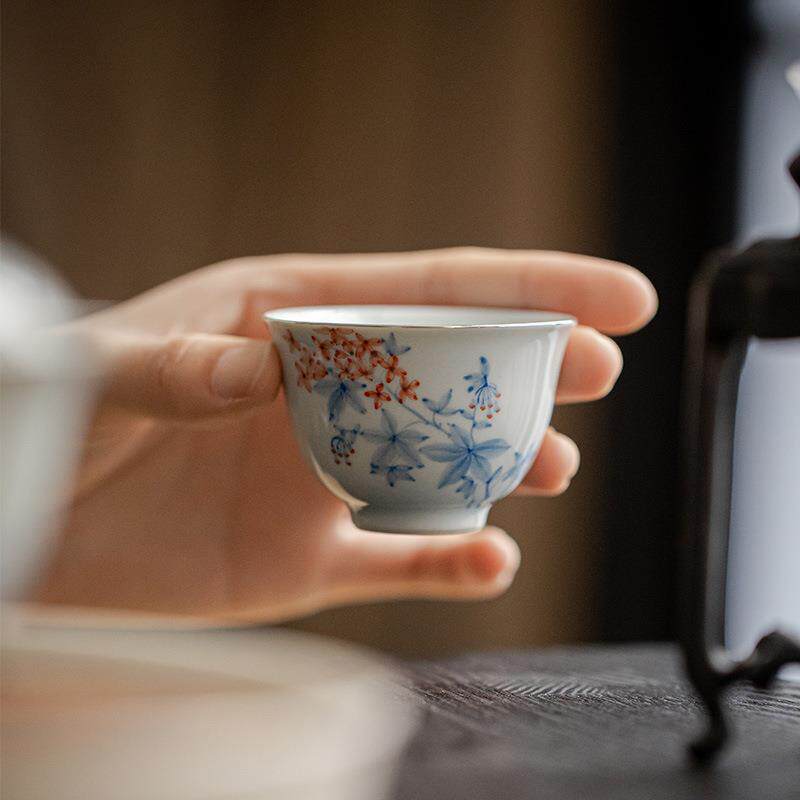 明知山志 玉泥花时反秋福灵茶杯 仿古手绘凌霄花品茗杯陶瓷单杯图片