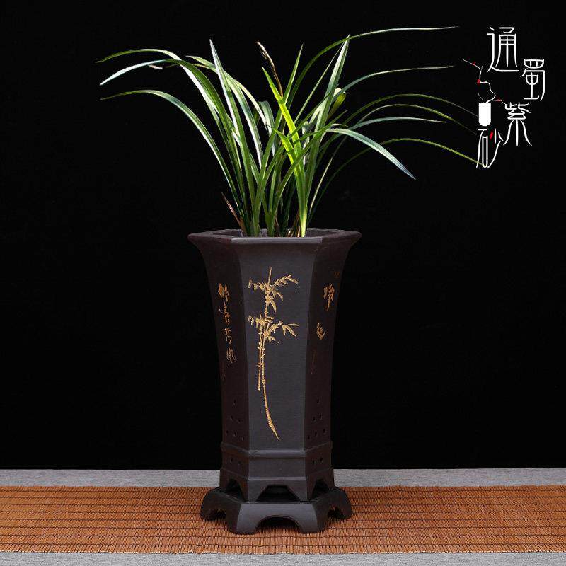 精品紫砂兰花专用盆带托 托盘高束腰六方刻绘室内手工陶瓷盆栽兰