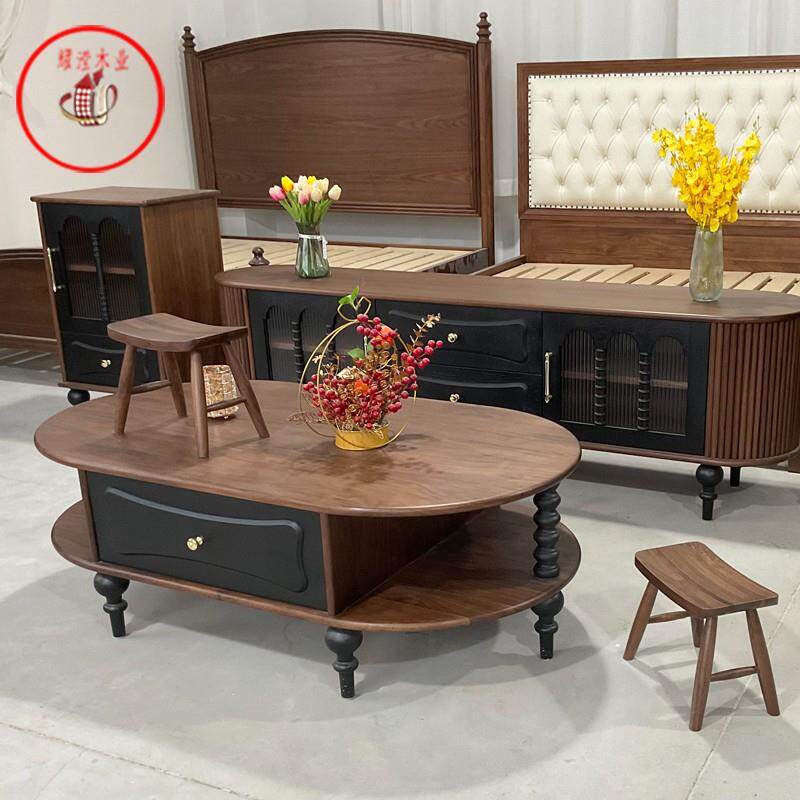 北欧黑胡桃木茶几北欧实木茶几小户型设计现代简约客厅电视柜组合