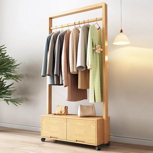全实木衣帽架落地卧室家用小型多功能可移动衣服收纳柜挂衣架一体