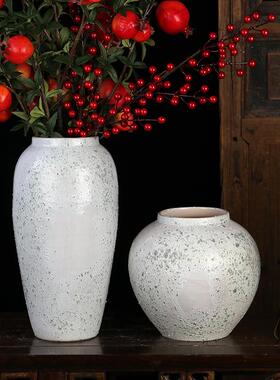 现代简约陶瓷花瓶中式摆件复古小清新干花插花手工白色粗陶罐瓷器