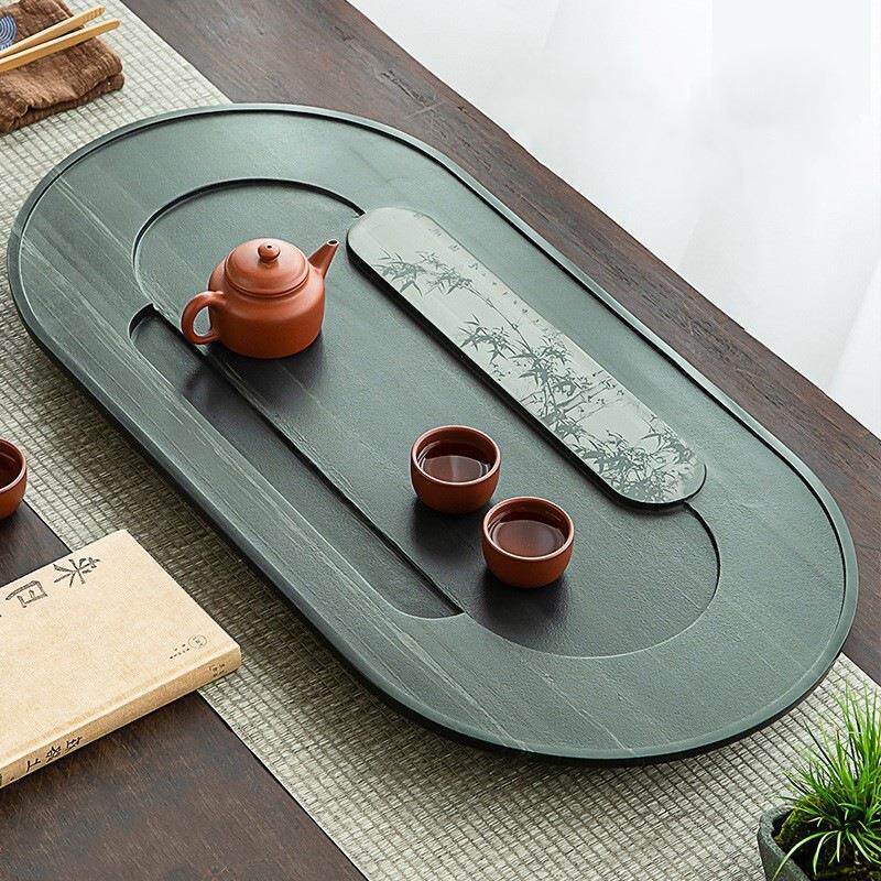 影雕石头茶盘绿玉石皇庭石材茶海家用简约手工雕刻高档办公大茶台