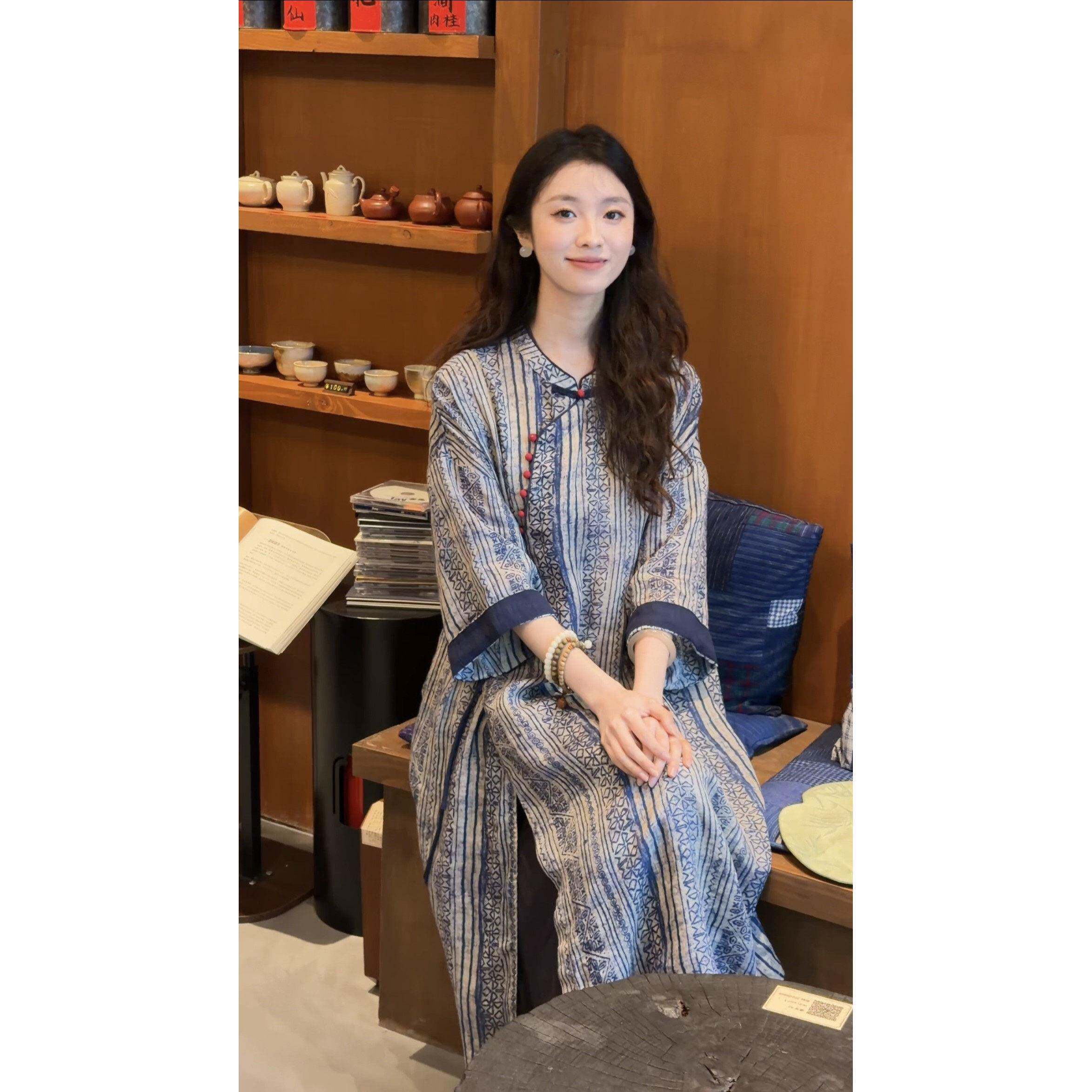 涂涂国风【蓝染袍子】夏季！新中式非遗扎染苧麻袍子洋装 52894